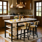 3pcs Dining Room Table Set with Faux Leather Upholstered Bar Stools, Modern Farmhouse Style Dining Table Set with Multiple Tier Storage Shelves, MDF Table Top and Metal Frame, Counter Height Breakfast Nook Table Set for Small Spaces Family