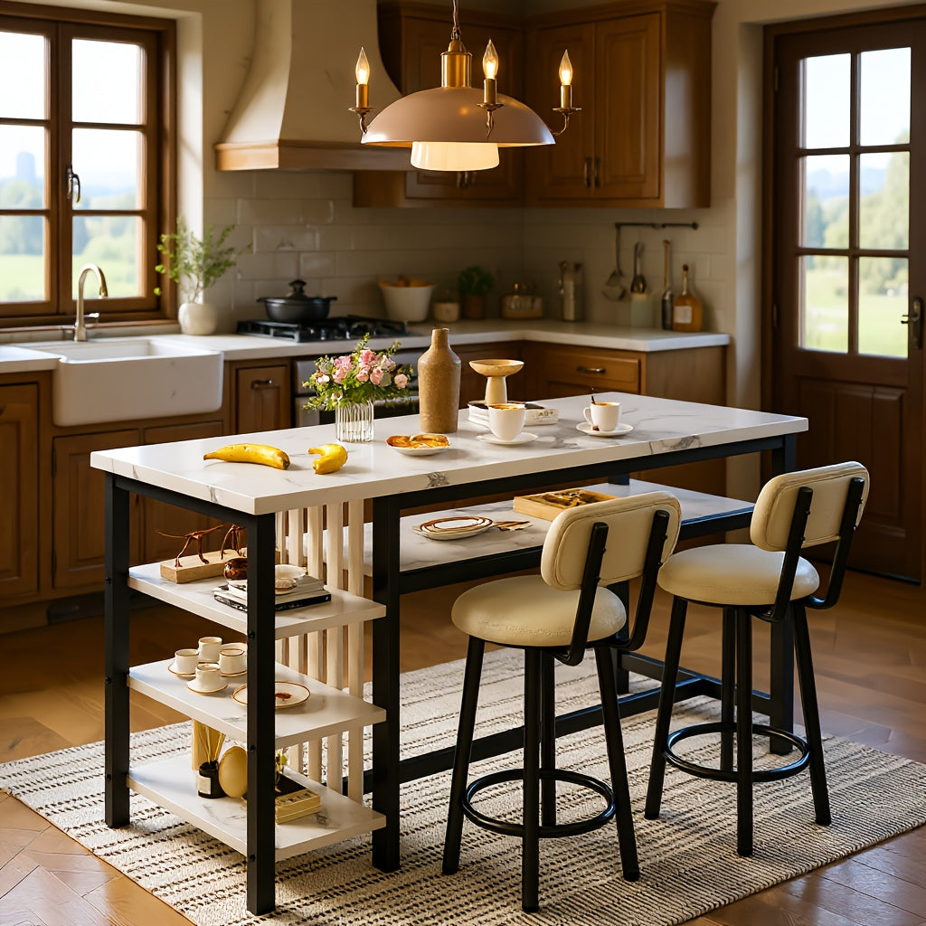3pcs Dining Room Table Set with Faux Leather Upholstered Bar Stools, Modern Farmhouse Style Dining Table Set with Multiple Tier Storage Shelves, MDF Table Top and Metal Frame, Counter Height Breakfast Nook Table Set for Small Spaces Family