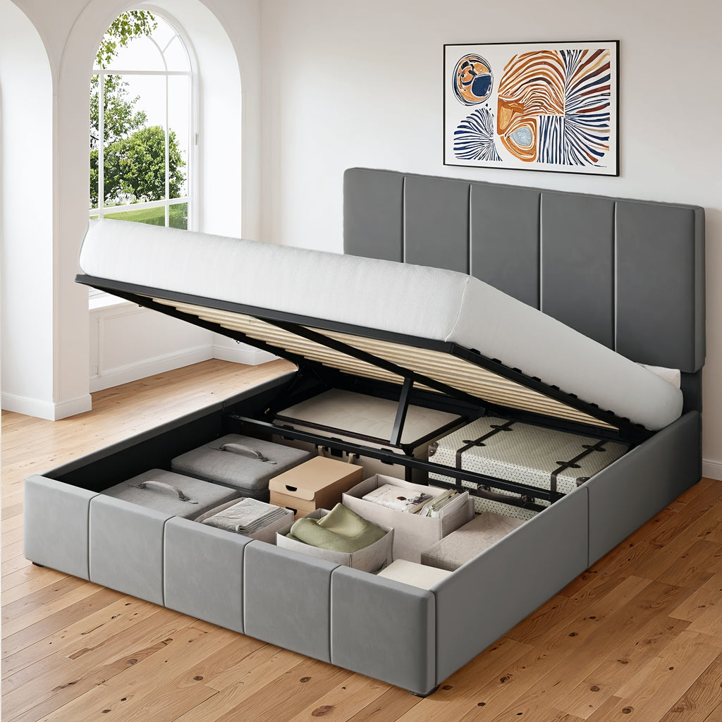 WEEWAY Lift Up Storage Bed, Modern Velvet Upholstered Headboard, Hydraulic Platform Bed, Wooden Slats Support, Heavy Duty Mattress Foundation, No Box Spring Needed, Easy Assembly, Full/Queen/King Size, for House Bedroom Furniture, Free Shipping
