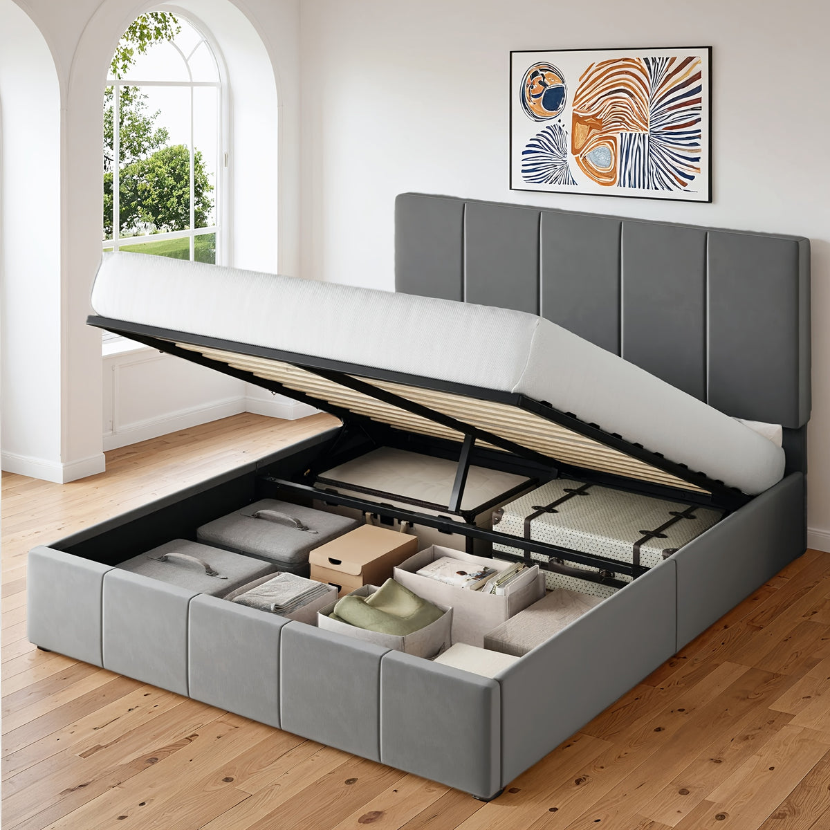 WEEWAY Lift Up Storage Bed, Modern Velvet Upholstered Headboard, Hydraulic Platform Bed, Wooden Slats Support, Heavy Duty Mattress Foundation, No Box Spring Needed, Easy Assembly, Full/Queen/King Size, for House Bedroom Furniture, Free Shipping