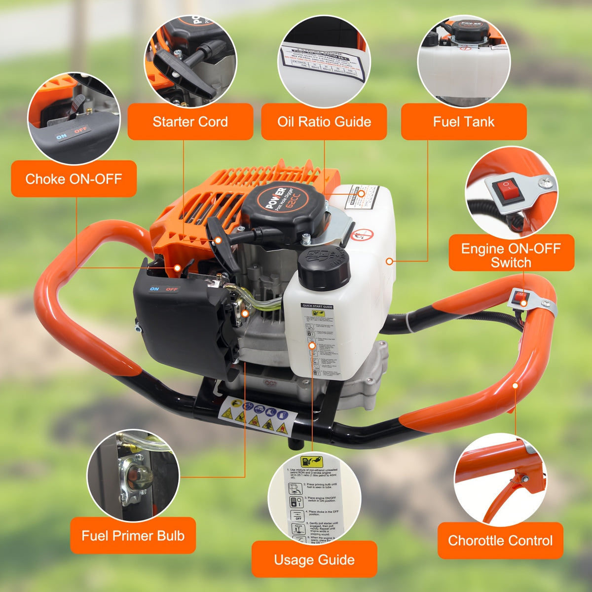 62CC Auger Post Hole Digger, a Gas-Powered Earth Post Hole Digger with 2 Auger Drill Bits (6" & 8") And 1 Extension Rod for Farming And Gardening, in Orange Color (62CC)