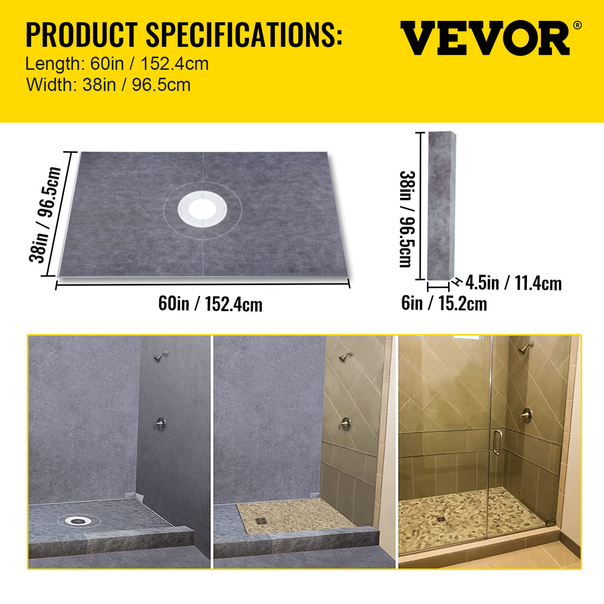 VEVOR Shower Curb Kit with 38 x 60-Inch Sloped Tray for Bathroom Floor and Wall Installation