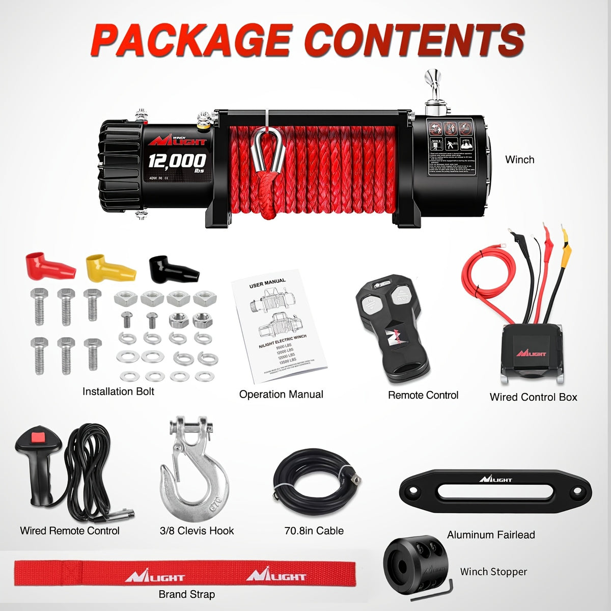 Electric Winch 3500Lb/4500Lb/12000Lb/13500Lb - Electric Truck Winch 12V with Red Synthetic Rope - Fairlead Wired Handle & Infrared Remote - Winch for Jeeps Road SUV Boat Towing Trailer 4WD 4X4 ATV UTV - ATV Winch Kit