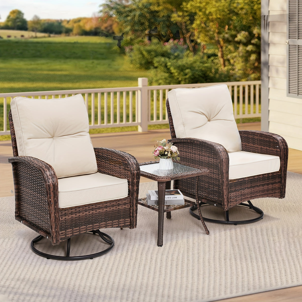 3pcs Patio Wicker Glider-Rocker Set, 360-Degree Swivel, Includes 2 Large Wicker Gliders And Matching Rattan Table, Thick Comfortable Washable Cushions, Perfect for Deck, Porch, Patio, As an Accent Chair Set