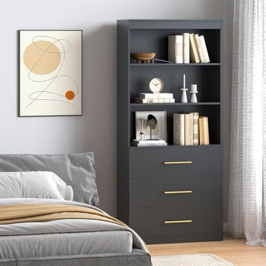 71" Black 3-Tier Bookshelf with Drawers & Open Shelves - Freestanding Tall Storage Cabinet for Home Office, Living Room, Study - Easy Assembly, No Power Needed, Bookcase Furniture, Modern Aesthetic, Sturdy Construction, Minimalist Design, Durable Material