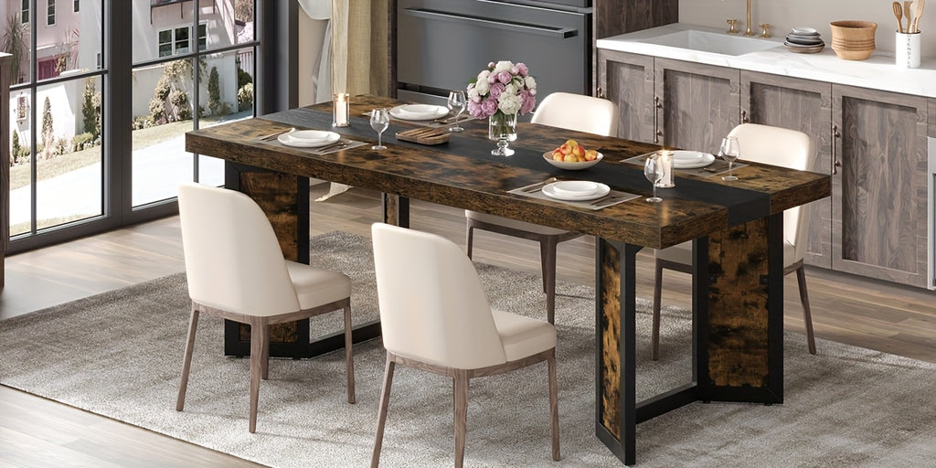 A Spacious Industrial Dining Table Designed for 6 to 8 Individuals, Measuring 71 Inches, Featuring a Robust Metal Frame And a Rustic Brown End, Perfect for Dining Rooms, Kitchens, Or Living Areas