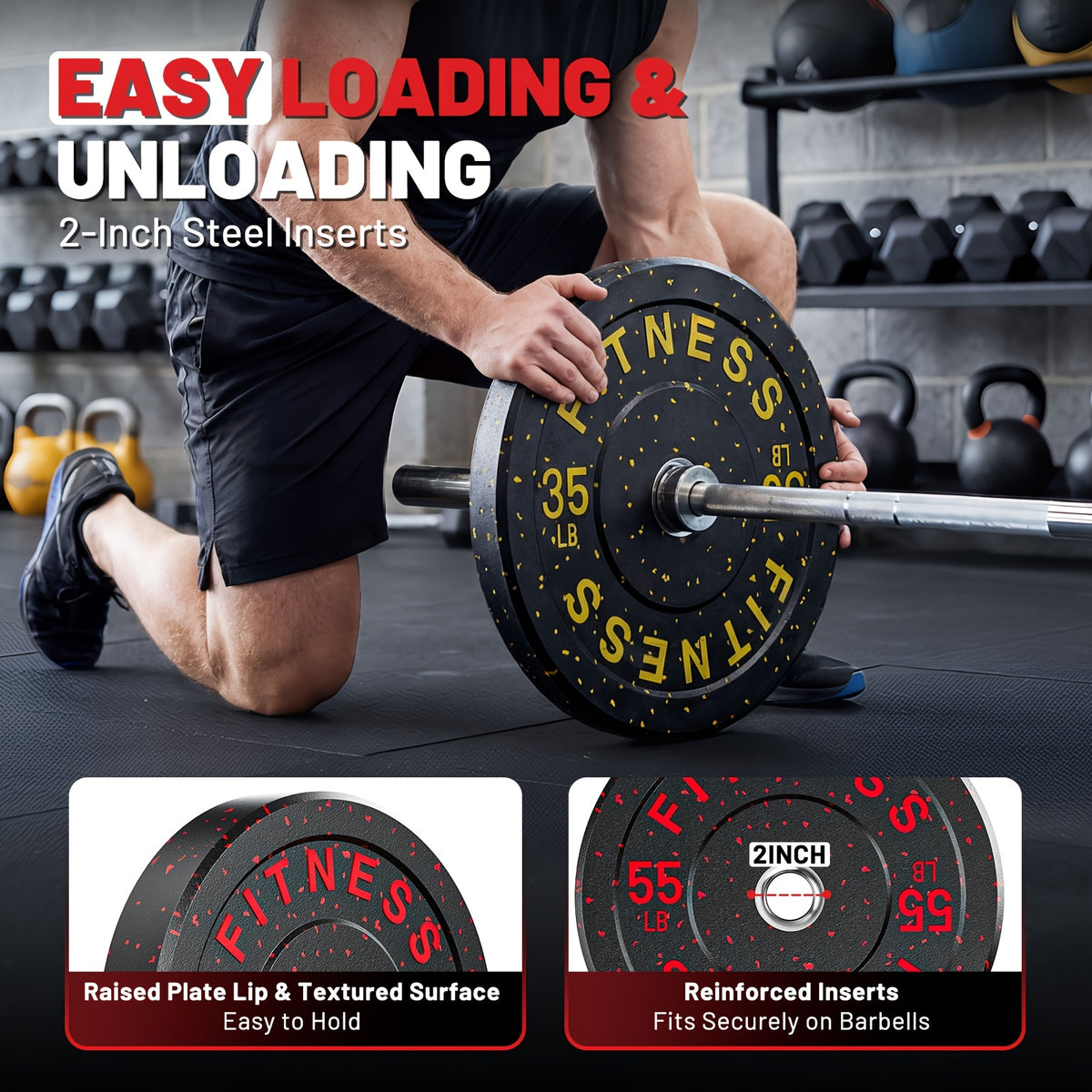 45-650Lbs High Bounce Bumper Plates, 2 Inch Colored Fleck Rubber Weight Plates For Heavy Lifters, Powerlifting, CrossFit, Deadlift, Squat, Home Gym, Strength Workout, For Men, Women, Big Weight Enthusiasts