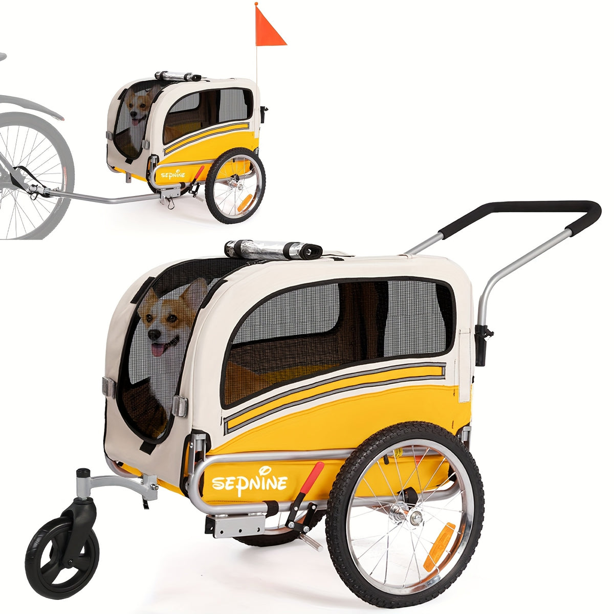 Pet Bicycle Trailer for Small and Medium Dogs, 2-in-1 Folding Carrier Cart with 6-Inch Stroller Wheel