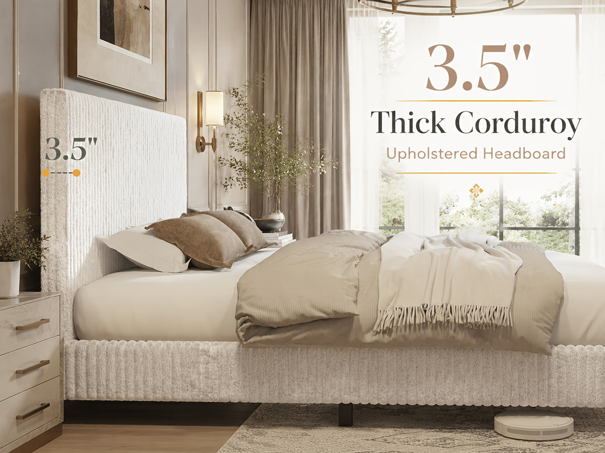 Platform Bed Frame with Upholstered Corduroy Headboard, Fully Padded 3.5" Thick Gap-Free Design, Heavy Duty Metal Slats, No Box Spring Required