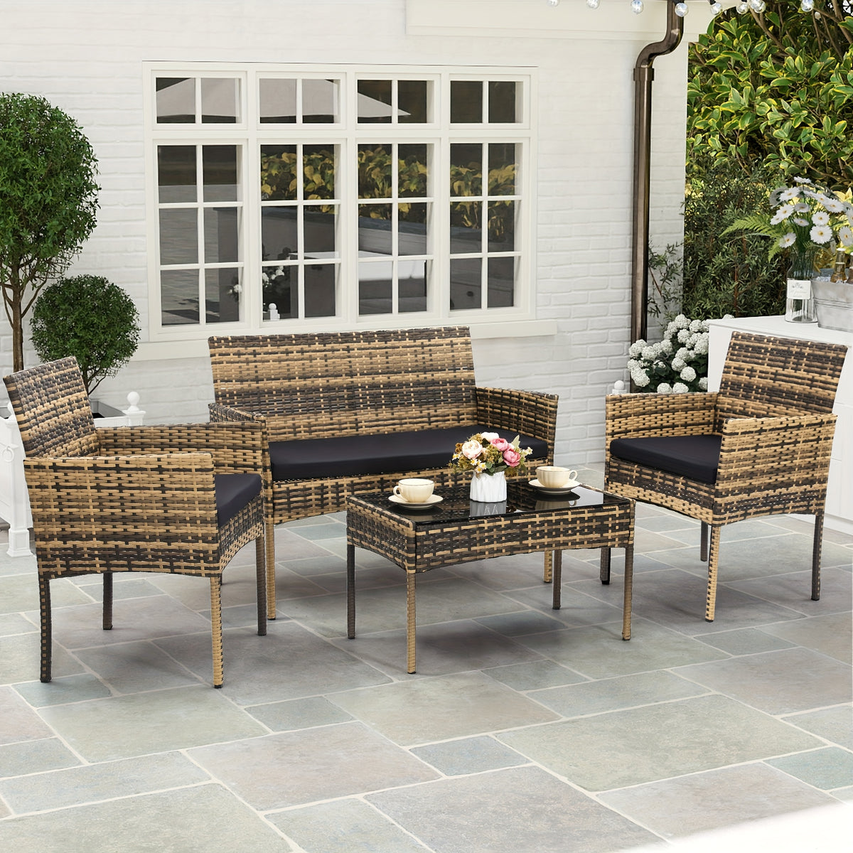 KROFEM 4pcs Bistro Conversation Rattan Furniture Set, Designed for Casual Worry Free Outdoor Living, Premium Quality Sofa, 2 Chairs And Sofa Loveseat with Cushions Plus Glass Top Coffee Table, for Patio, Porch, Or Balcony