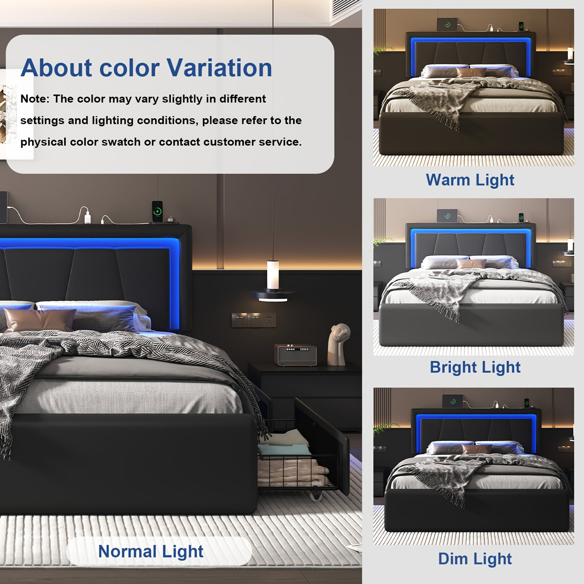 Upholstered Platform Bed Frame with 4 Storage Drawers, Twin/Full/Queen Size Bed Frame with LED Lights And Adjustable Headboard, Metal Slats Support, Charging Station, Easy Assembly, Noise Free, Black/White