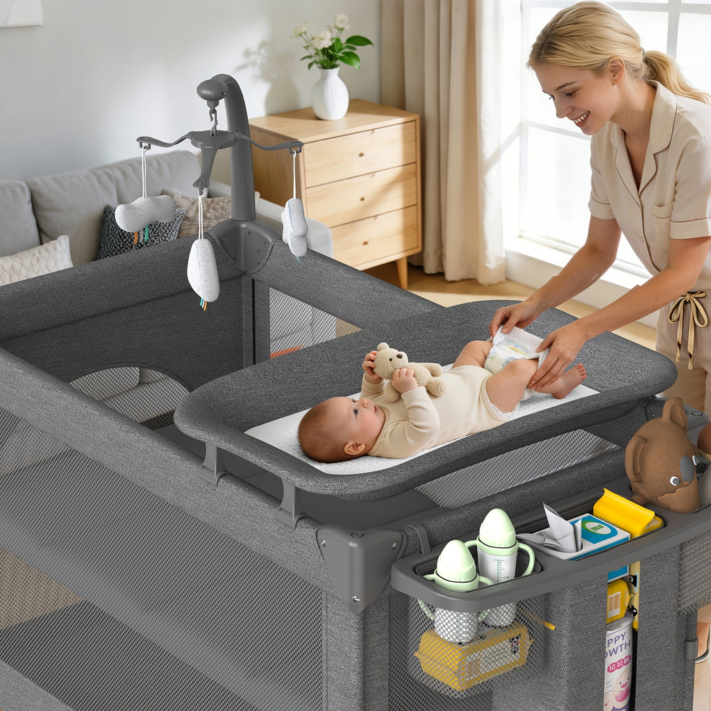 4 In 1 Bassinet, Pack And Play With Mattress, Crib With Wheels And Mosquito Net, Bedside Bassinet Sleeper With Changing Pad, Portable Playpen Foldable Playard For And Assembled And Folded Portable Cribs