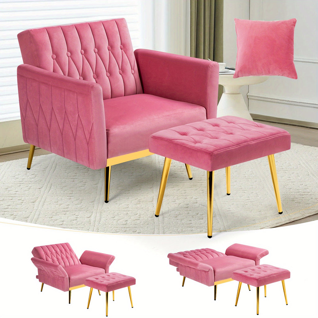 ACMEASE 31.5 Inch Velvet Adjustable Accent Chair with Ottoman & Pillow, Tufted Single Sofa Chair with Golden Metal Legs for Living Room
