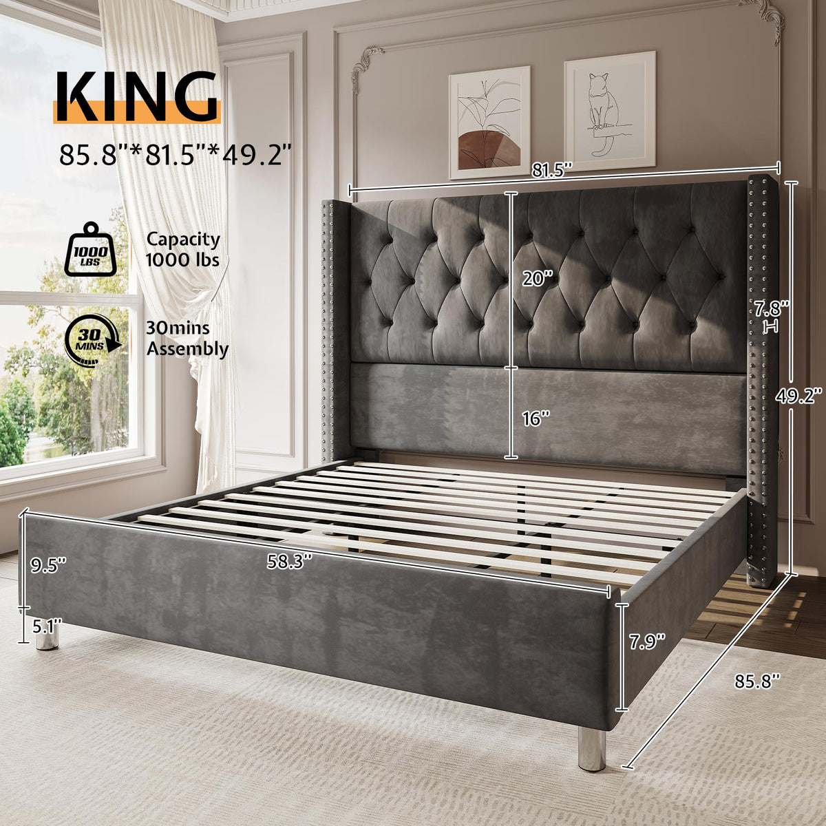ALBOTT Upholstered Platform Bed Frame with 50 Inch Velvet Wingback Headboard, Button Tufted and Nailhead Trim, No Box Spring Needed, Easy Assembly