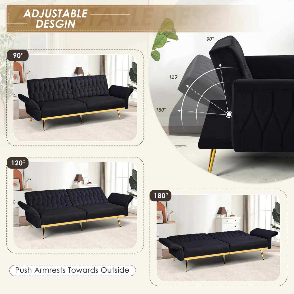 ACMEASE 70-Inch Velvet Convertible Sofa Bed with 2 Pillows, Adjustable Backrest And Armrest Tufted Sleeper Sofa with Golden Metal Legs for Living Room