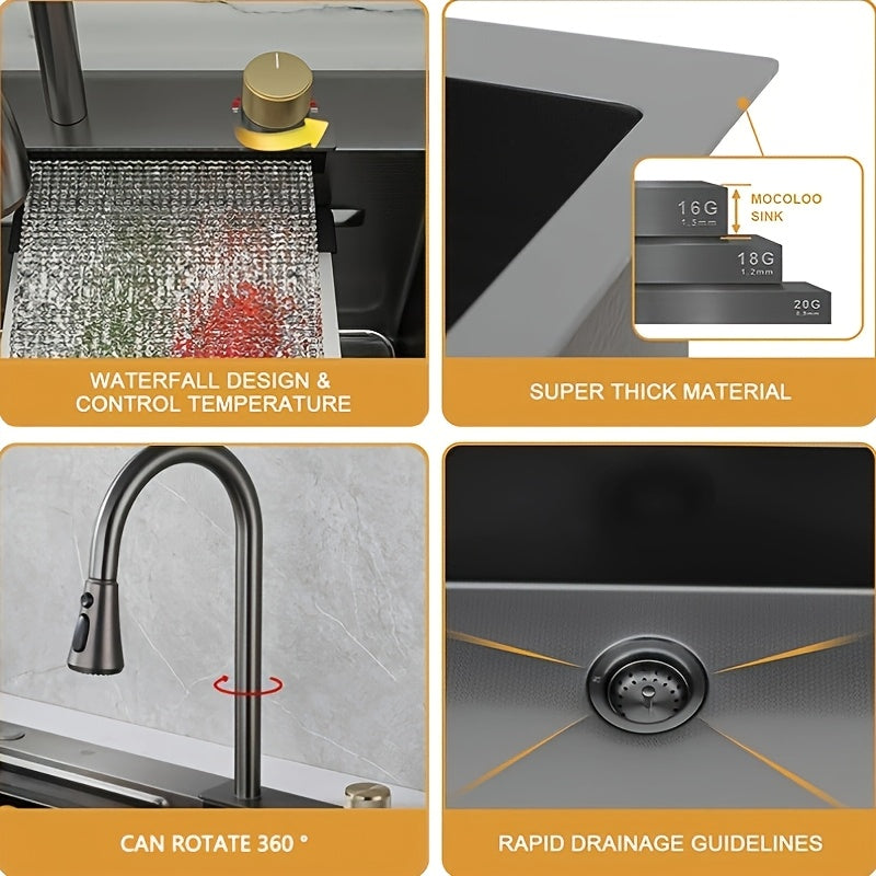 [Stainless Steel Kitchen Sink] 33 * 22 Inch Stainless Steel Kitchen Sink, Single Bowl Sink Drop In/Topmount Workstation Waterfall Sinks With Cutting Board, Cup Washer And Sink Accessories