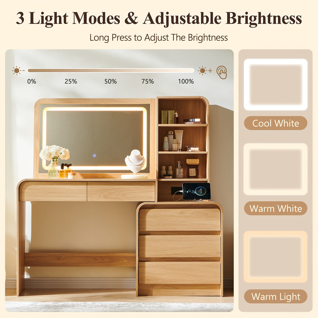 Makeup Vanity Desk with 5 Drawers, Vanity Table with Touch Screen LED Mirror & Charging Station for Bedroom, Adjustable Shelf, Curved Profile Design