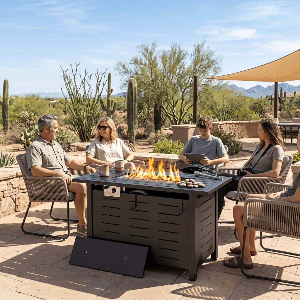 40"/44" Outdoor Propane Fire Pit Table - 50,000 BTU Gas Firepit with Ignition System, Powder-Coated Steel (Black/Brown) W/ Lid, Rocks & Waterproof Cover - Self- for Patio, Backyard, Deck - Propane Heater, BBQ Firewood-Free