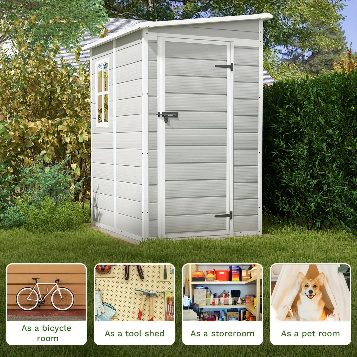 GUNJI 6X4 FT And 5X4 FT Plastic Outdoor Storage Shed with Floor, Resin Outside Tool Shed with a Window And Lockable Door for Garden, Backyard, Tool Storage Use, Easy to Install, Light Gray (Fit-It Shed)