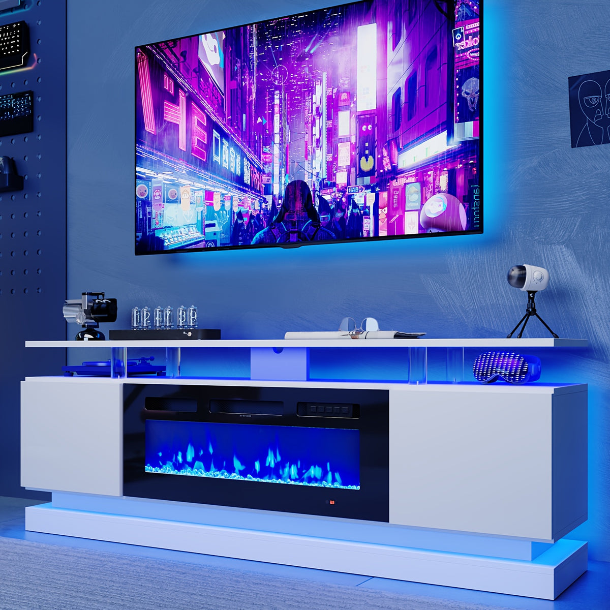 Fireplace TV Stand with 36" Fireplace, Modern High Gloss Fireplace Entertainment Center LED Lights, TV Console Cabinet for TVs Up to 80"