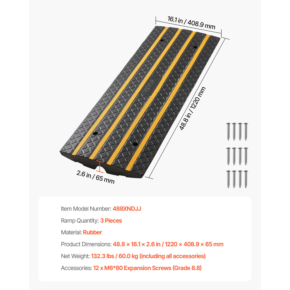 VEVOR 1 Pcs /2 Pcs / 3 Pcs Driveway Rubber Curb Ramp 33069 lbs 2.6 in Rise Threshold Ramp