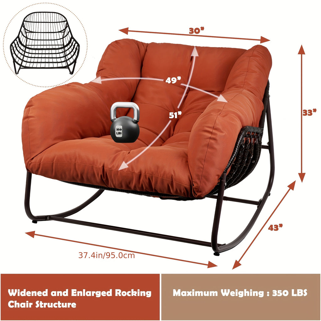 Papasan Rocking Chair Outdoor, All Weather Wicker Papasan Patio Chair with Cushion And Pillow, Heavy Duty Metal Oversized Papasan Rocker Egg Chair for Garden, Patio