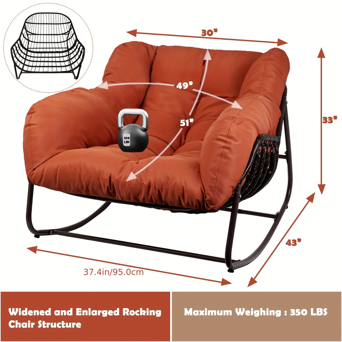 Papasan Rocking Chair Outdoor, All Weather Wicker Papasan Patio Chair with Cushion And Pillow, Heavy Duty Metal Oversized Papasan Rocker Egg Chair for Garden, Patio