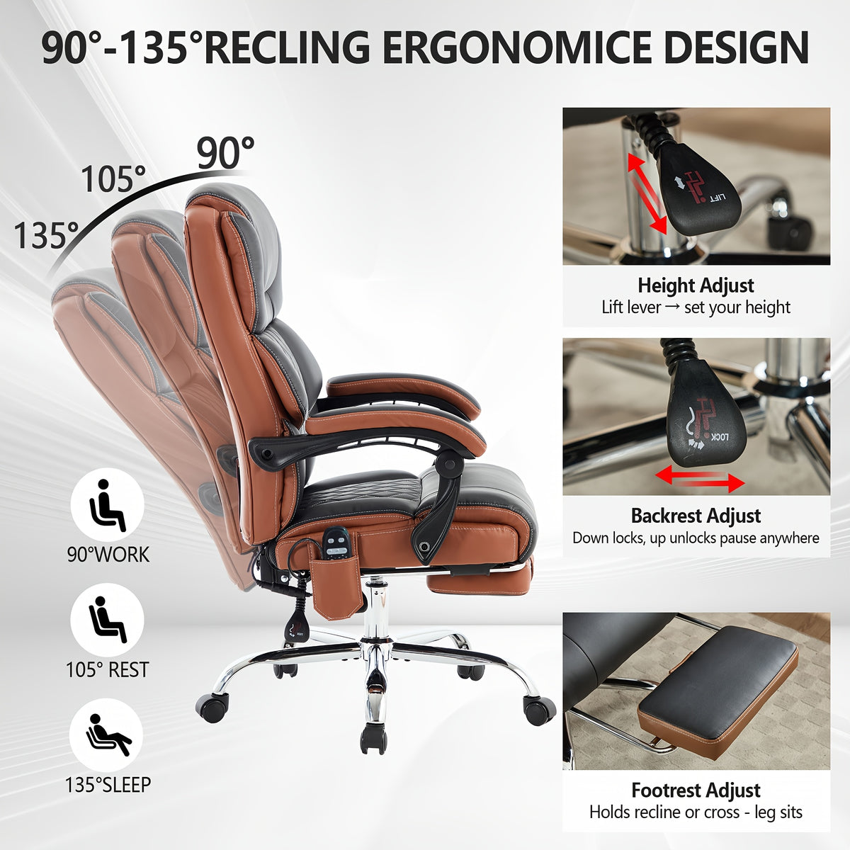 Capacity, Massage Office Chair With Footrest, Vibration And Heating Function Leather Recliner, Heavy-Duty Executive Tall Computer Chair For Large Individuals, Height-Adjustable Ergonomic Chair