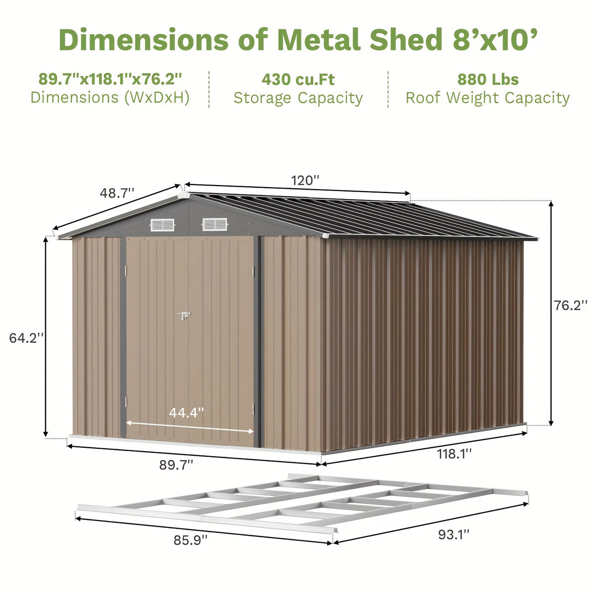 Outdoor Storage Shed by GUNJI, Lockable Steel Tool House in 5 x 2.7 ft or 8 x 10 ft Options