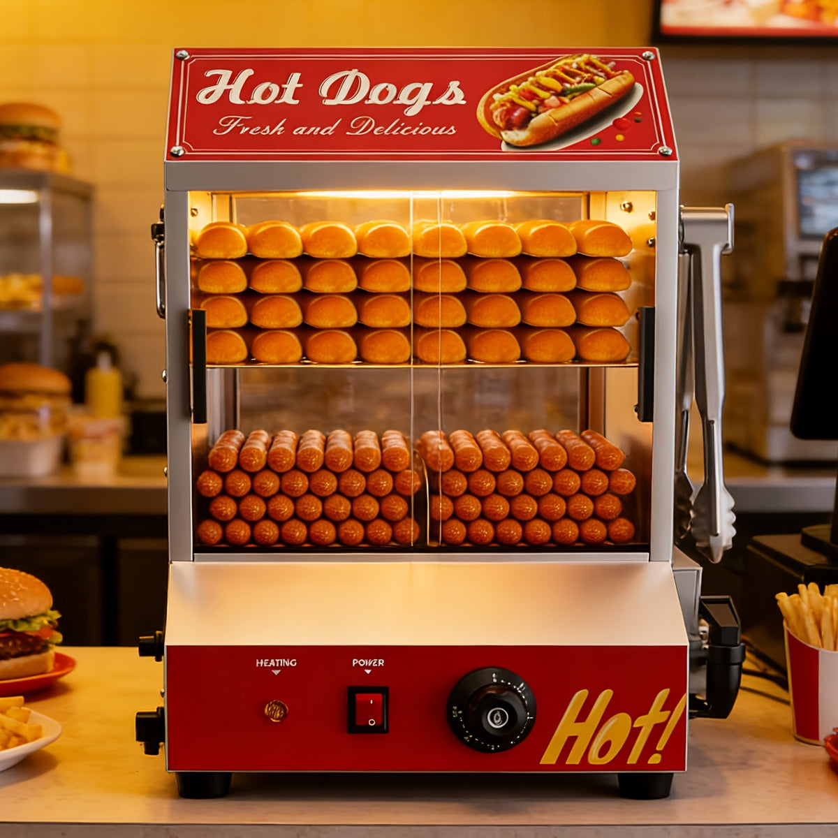 2-Tier Electric Hot Dog Steamer with Bun Warmer - 31.7QT/28.5QT Capacity, Adjustable Temperature, Visible Glass Sliding Door, Holds 175 Hot Dogs And 40 Buns