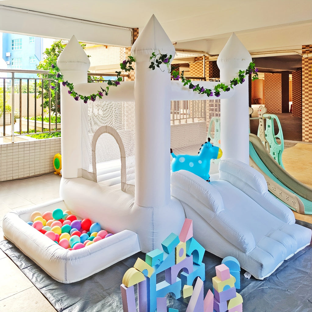 White Inflatable Castle, Suitable For Both Indoor And Outdoor Use, Equipped With A Blower, Ball Pit And Slide, Easy To Install, Suitable For Various Activities And Birthday Parties, Can Play For 2-3 Children.