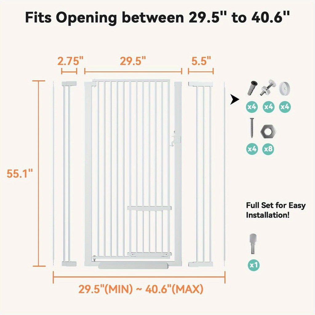 55.1" Extra Tall Cat Gate For Doorway, 29.5-40.6" Adjustable Cat Door Include, No Drilling Pressure Mount Kit, Suitable For Doorways Or Kitchen, Stairs5