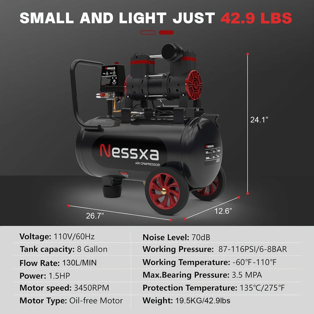 8 Gallon Ultra Quiet Air Compressor, 1.5HP 4.52 CFM, Max 115 PSI Oil-Free Air Compressor Tank, 110V/60Hz, 70dB Air Compressor for Car Repair, Spray Painting, Woodwork Nailing