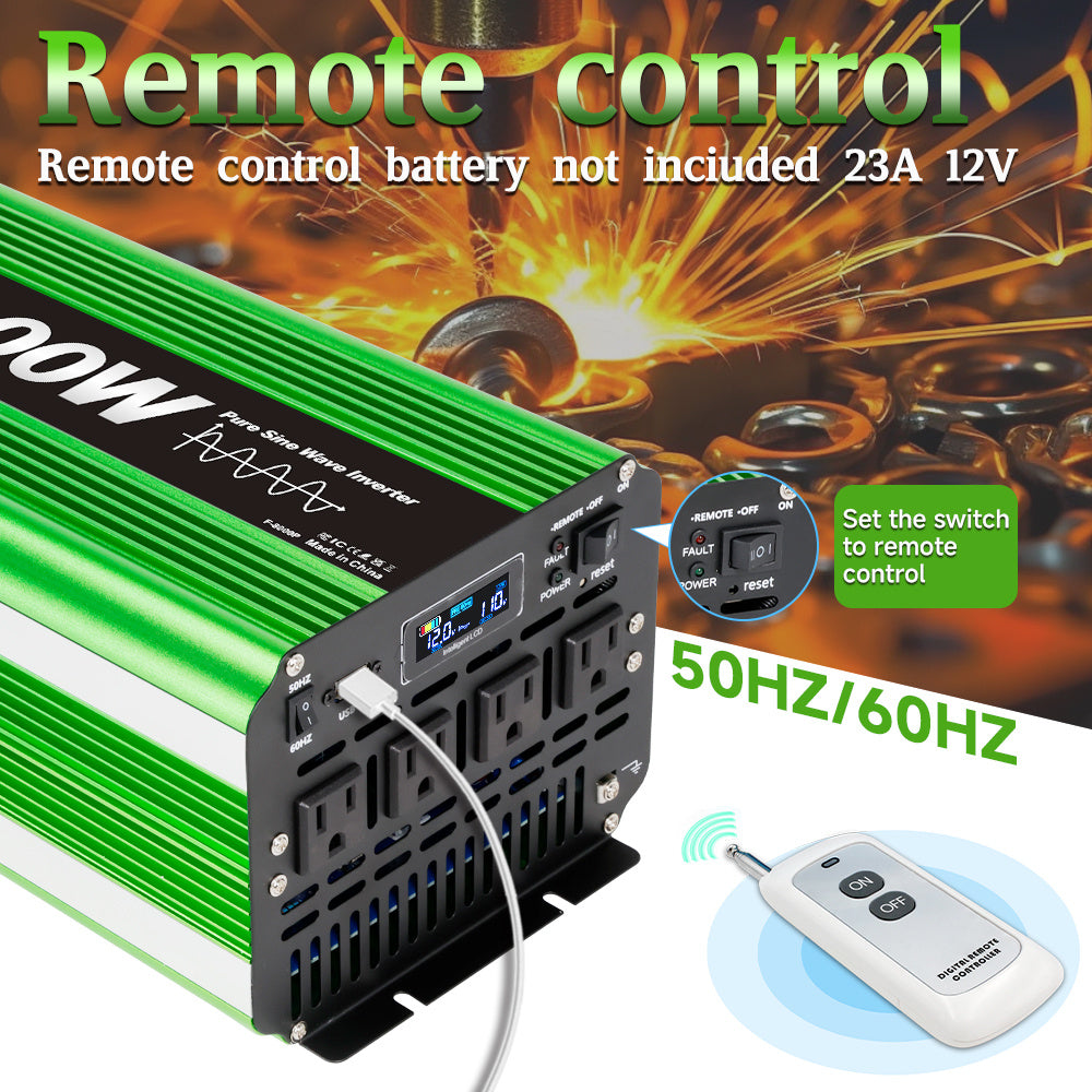 Pure Sine Wave Inverter 8000 Watt (Peak) Vehicle Power Inverter, Converts 12 Vdc to 110 Vdc to 120 Vdc, with LCD Display, Remote Control and Troubleshooting, 4 US Sockets for Car Onboard Chargers, for Home Solar Systems, RV's, and Vans, without Batteries