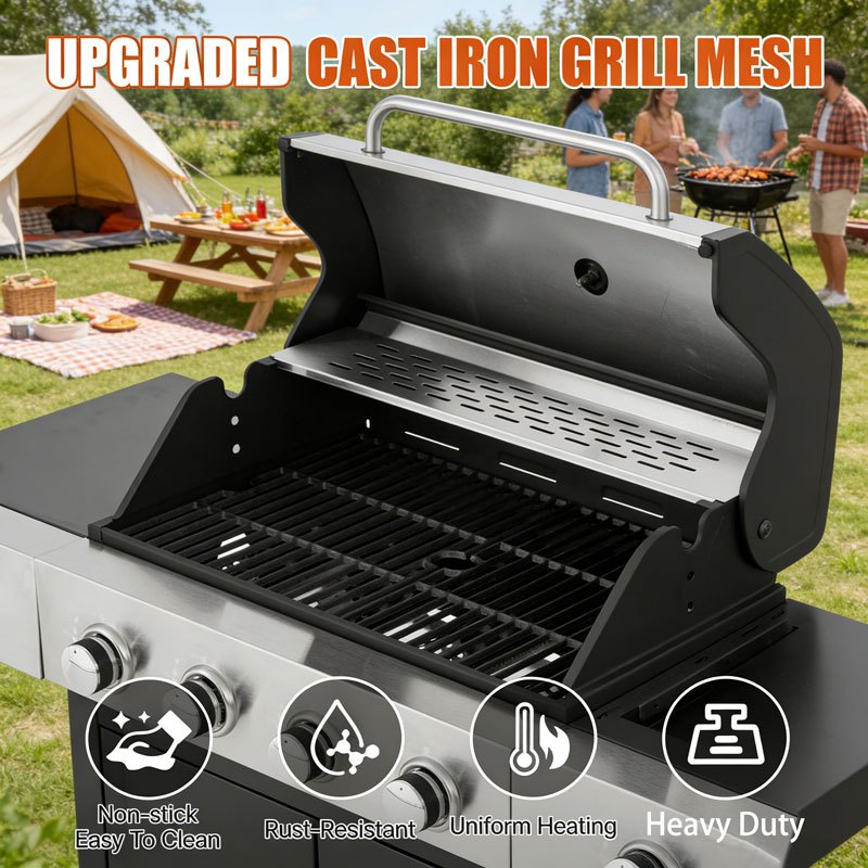 Upgraded 44000-49000 BTU 4-1 Burner Propane Gas Grill with Side Burner, Top thermometer, Outdoor BBQ Grill with Cast Iron Grates & Side Tables, 625 sq.in. Large Grilling Space for Summer Parties, Ideal for Backyard Patio & Camping, Black