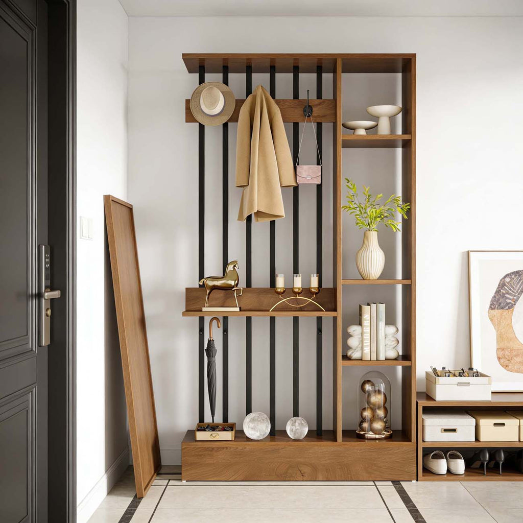 71' Wood Freestanding Room Divider, Wall Partition Bookcase with Shelves & Coat Hooks, Modern Decorative Screen for Home & Office, Brown