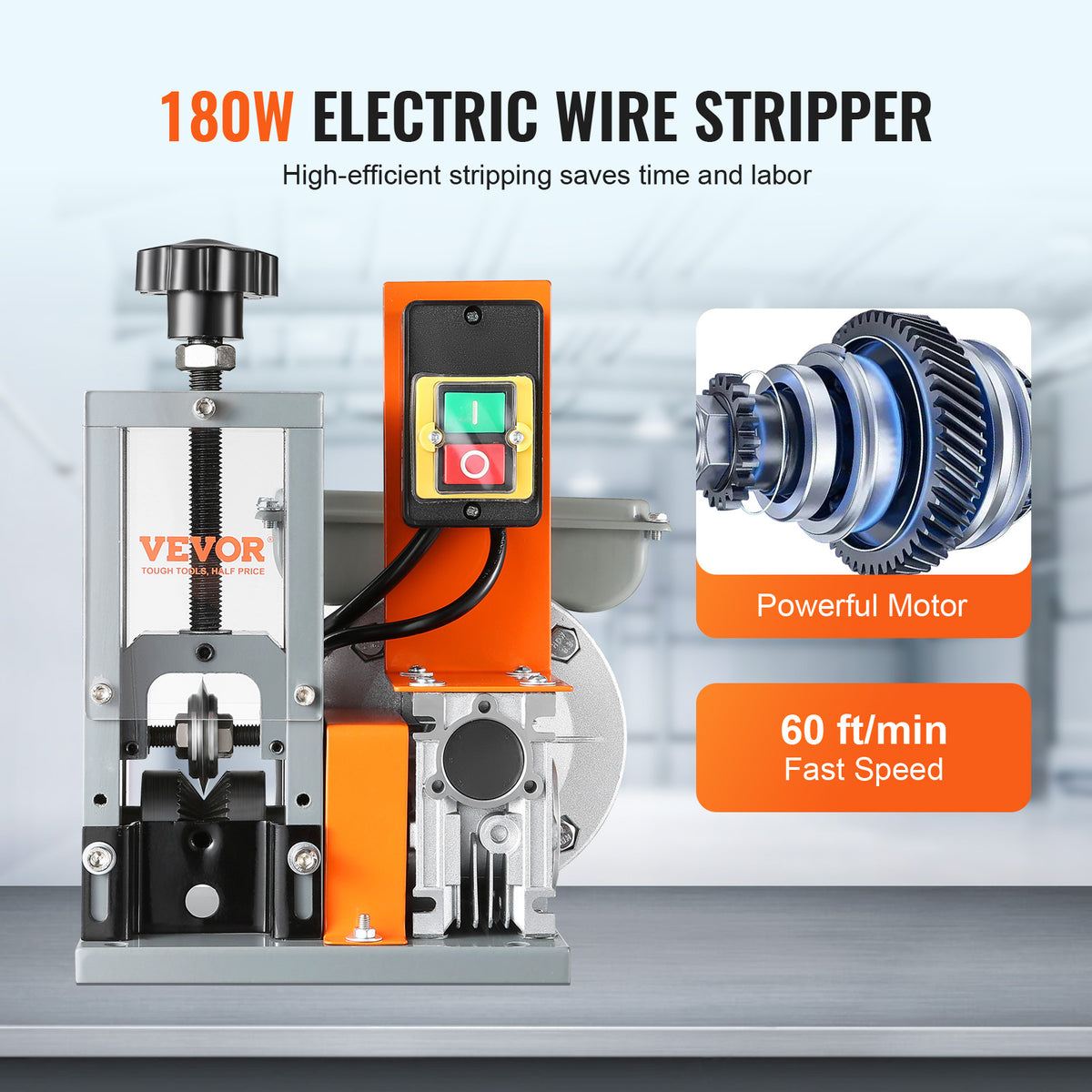 VEVOR Electric Cable Stripping Tool, 0.06''-1.18'' Motorized Wire Stripper, 180 W, 60 ft/min, with Clear Depth Gauge, Ideal for Scrap Copper Recycling