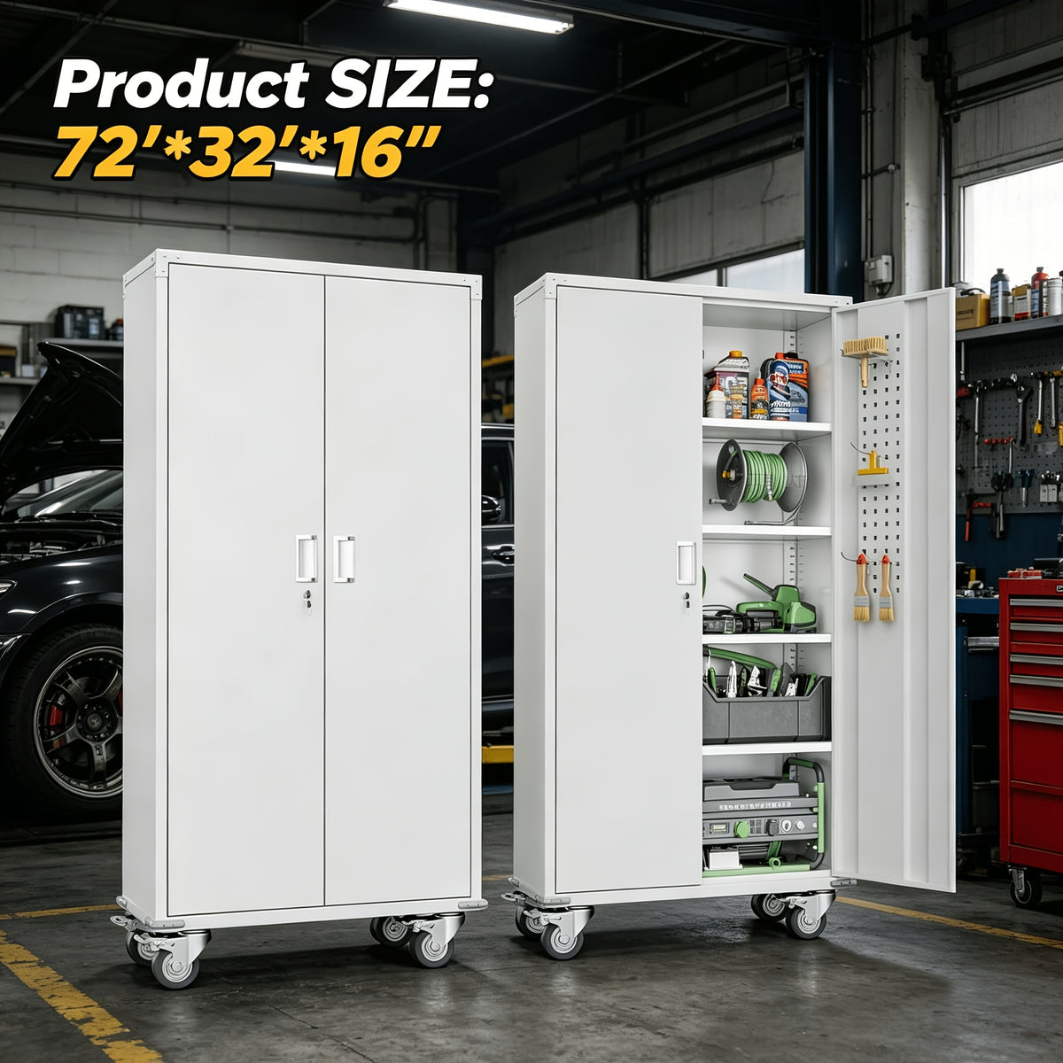 72/73-inch Metal for garage Cabinet With Casters, Rolling Storage Cabinet Model C With Pegboard And Shelves, Model D 73-inch Without Pegboard, Tall Tool Cabinet With Lockable Door, Suitable For Garages, Repair Shops, And Warehouses