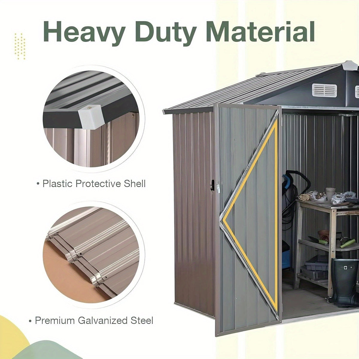 [Metal Storage Shed] 8x6ft (7.33'x5.28' Base, No Floor), 6 X 4ft, 10x12ft, 10x14ft, Metal Steel Outdoor Storage Shed with Air Vent & Lockable Doors, for Garden, Patio And Backyard, Tools, Bike