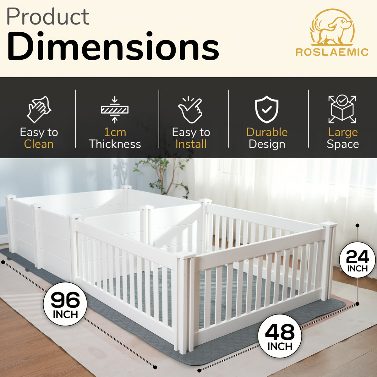 Dog Whelping Box Roslaemic 2-Room Design with Rails for Large and Extra-Large Dogs, White 96 x 48 x 19 in