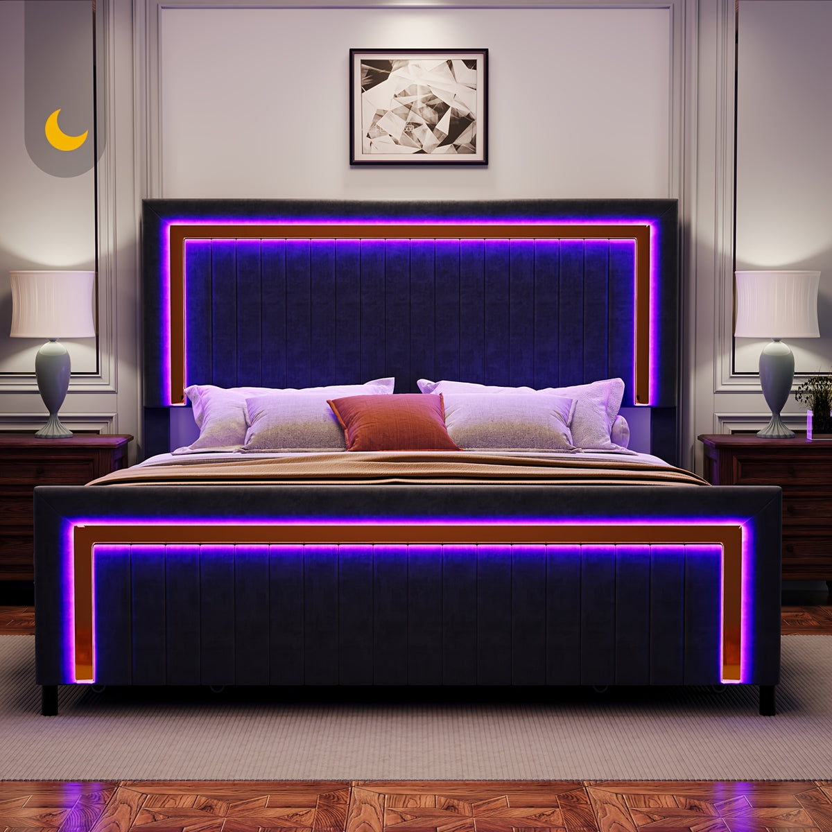 Queen/King Upholstered Platform Bed with LED Lights - 4 Storage Drawers& Adjustable Channeled Headboard, No Box Spring