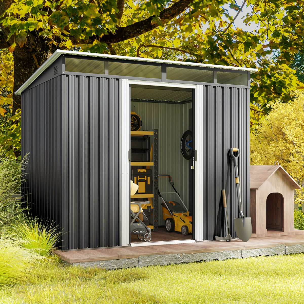 Metal Storage Shed with Lockable Sliding Doors and Transparent Windows for Outdoor Tools and Bikes, 6x4 FT or 8x6 FT