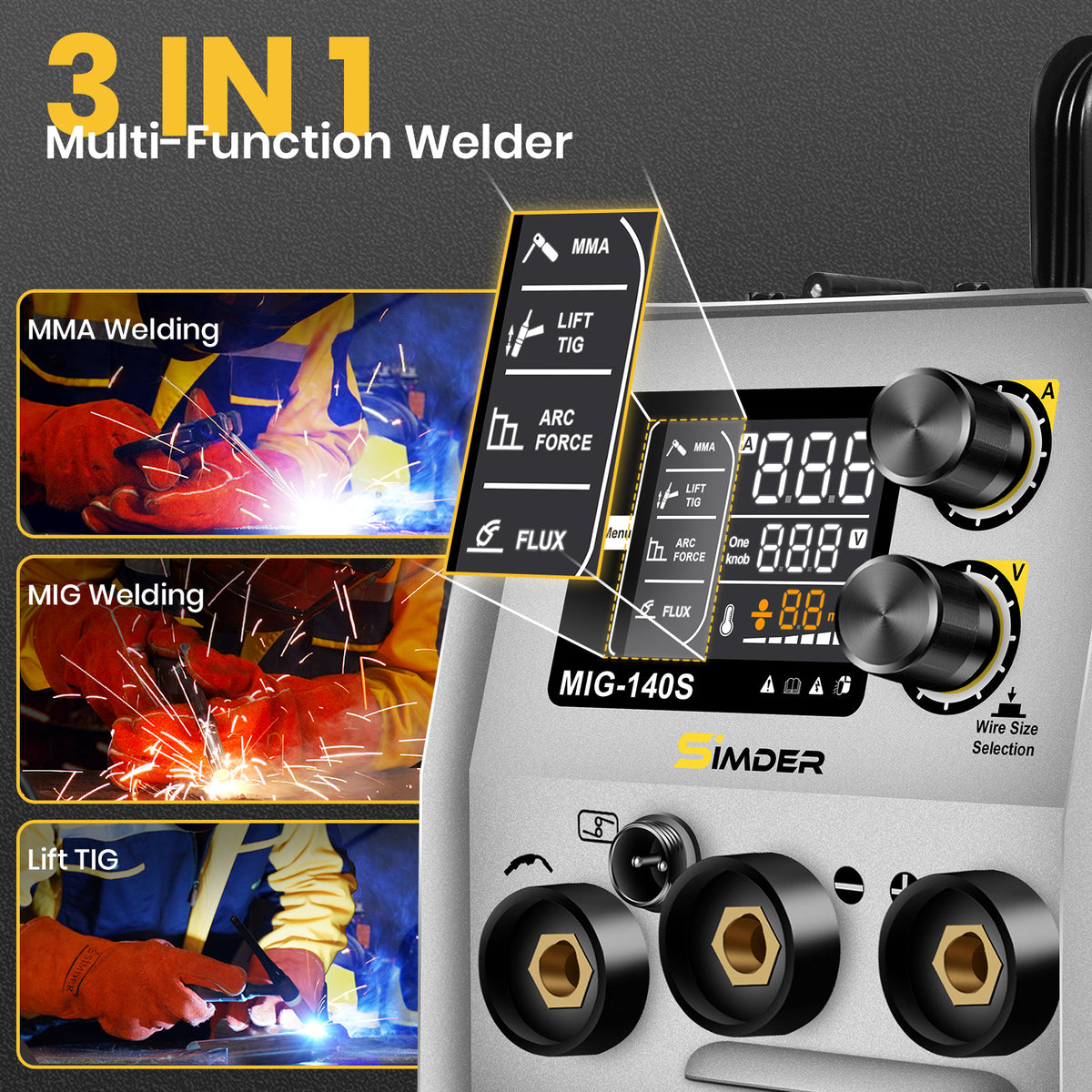 MIG Welder 3 In 1 MIG/ARC/Lift TIG Welder With 24pcs 14AK MIG Welding Accessories, 110V 140A Smart LCD MIG-140S Welding Machine with TIG Torch, ARC Force, IGBT Inverter, Automatic Wire Feeding, Stable Arc, Intelligent Cooling and Overload Protection, Perf