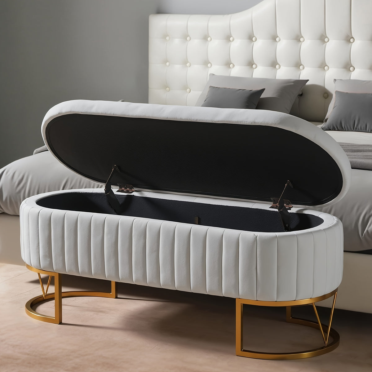 Modern 46”/46.5” (depending on orientation) Oval Velvet Storage Bench with Hinged-Lid Mechanism & Flip-Top Lid - Plush Upholstered Ottoman for End of Bed, Entryway, Living Room - Wood Frame & Luxury Design, Space-Saving Furniture (Standalone)