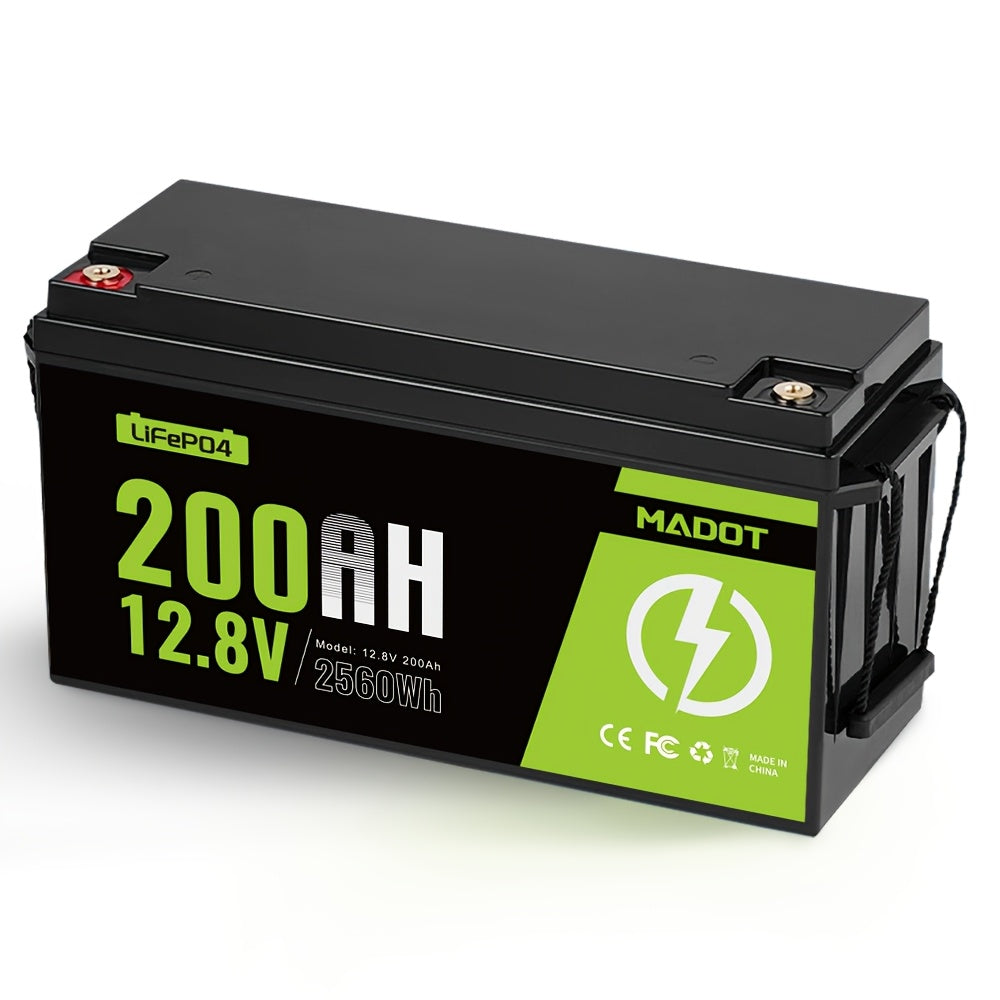 12V 200Ah LiFePO4 Battery, MADOT Built-in 200A BMS, 15000 Deep Cycles, 2560Wh, 10 Years Lifetime, Low Temp Protection Lithium Iron Phosphate Battery for Home Energy, RV, Trolling Motor, Marine, Off-Grid, Solar