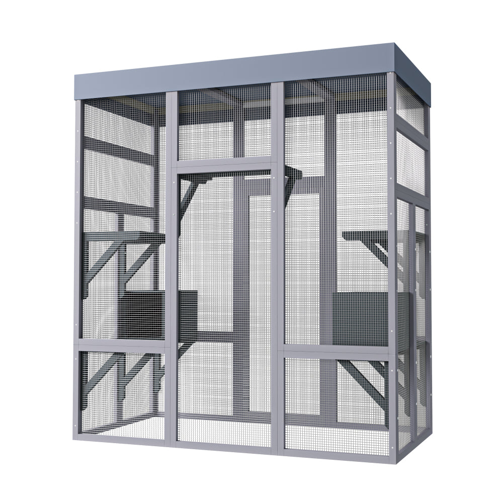 [Outdoor Catio Enclosure] 62.6 Inch Large Wooden Outdoor Catio Enclosure for Cats | Secure Pet Cage with Roof & Rust-Proof Wire Mesh | Includes 2 Napping Houses & Multi-Level Platforms for Backyard & Patio