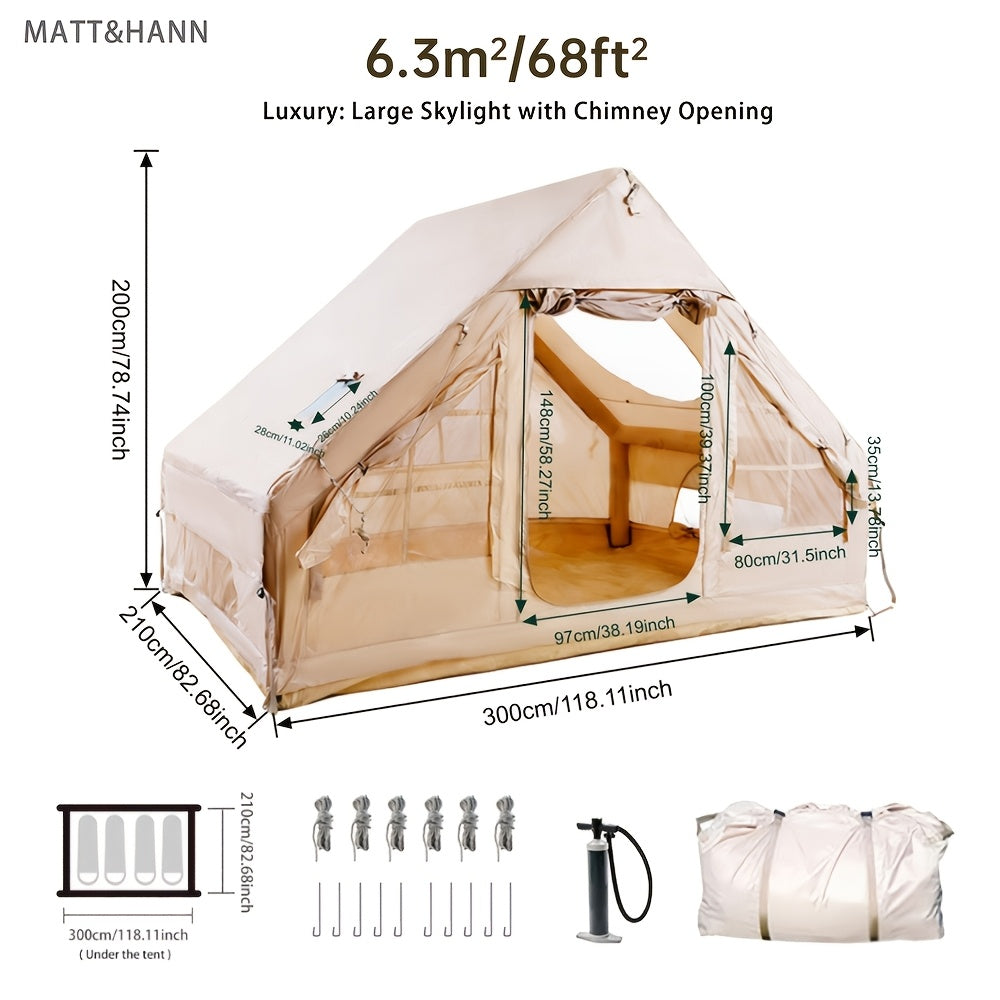 Inflatable Camping Tent（Optional: Skylight, Stove Jack） for 4-6 Person,4 Season Camping Tent, Large Luxury Air Tent with Manual Pump, Easy Setup Portable Glamping House, High Quality Windproof Family Outdoor Shelter Best Valentine's Day Gifts