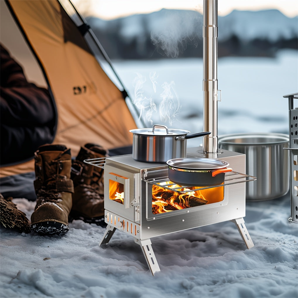 Portable Heavy-Duty Stainless Wood Burning Camp Stove - Outdoor Tent & Backyard Fire Pit with 7 Chimney Pipes, Ash Tool, Carry Bag & Ground Stakes - Adjustable Height, Fire-Resistant Window, Coal/Charcoal Compatible for Winter