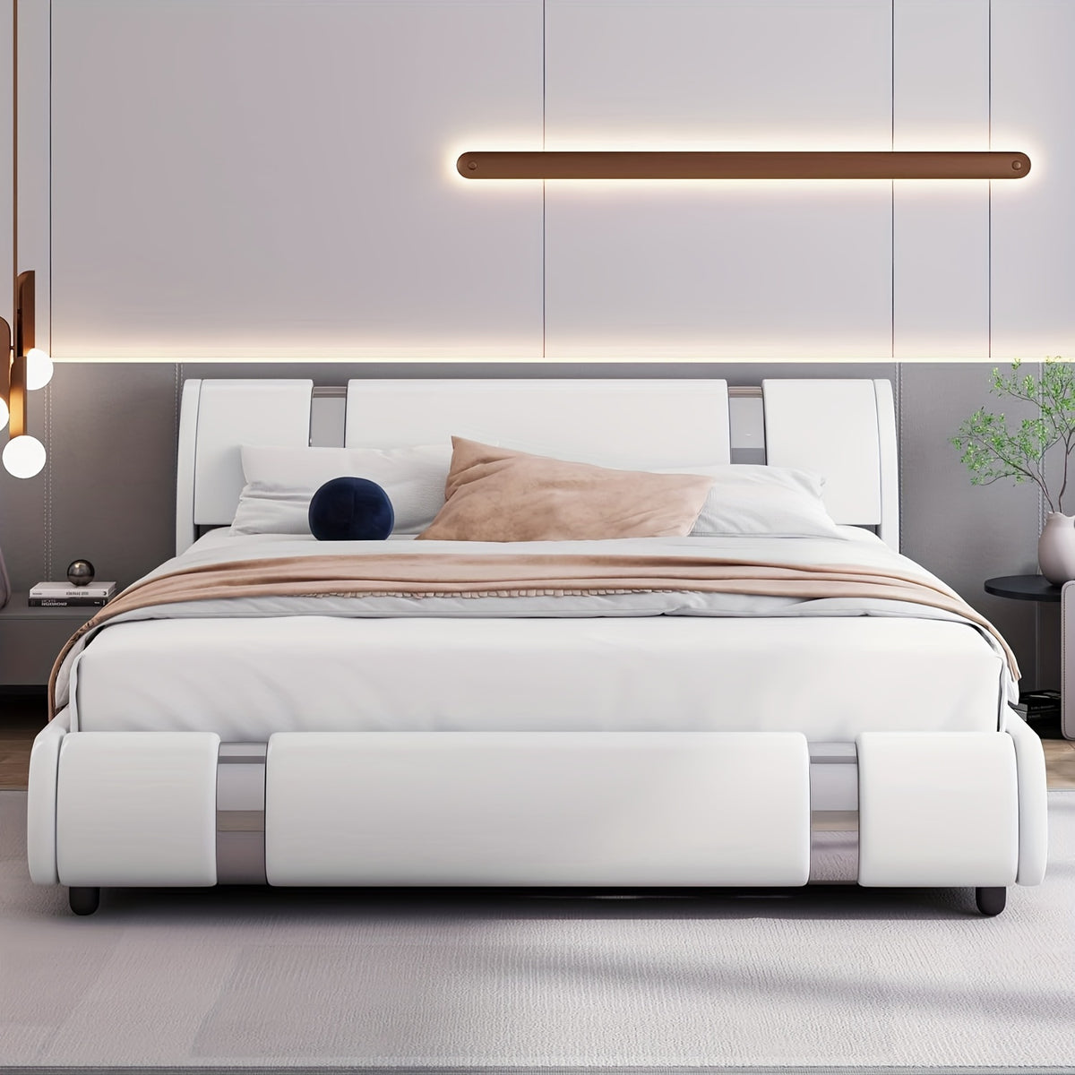 Contemporary Platform Bed Frame Made of Faux Leather, Featuring Iron Metal Accents, an Adjustable Headboard, And Wooden Slats for Support, Eliminating The Need for a Box Spring