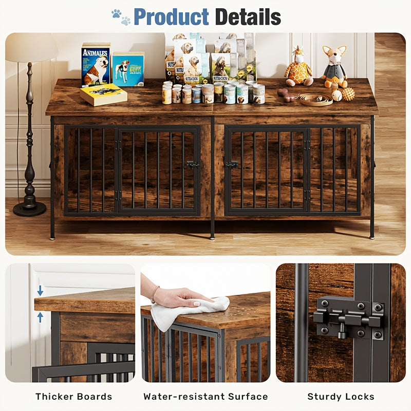 63inch Furniture for Dog Crates, A Double Cage Featuring A Storage Top, Multi-Functional TV Stand Side Table for 2 Large Dogs, Indoor Pet Cage